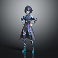 Fantasy Anime Character With Blue Black Outfit And Small Creature Standing Pose