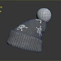 Gray Knitted Beanie With White Patterns And Top White Pom Pom Design 3d model