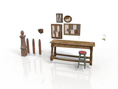 Rustic Interior Scene With Wooden Table Stool Decorative Wall Frames And Pillars 3d model
