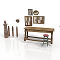 Rustic Interior Scene With Wooden Table Stool Decorative Wall Frames And Pillars
