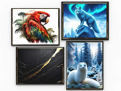 Colorful Parrot Wolf and Ermine Wildlife Animal Paintings with Natural Scenery 3d model