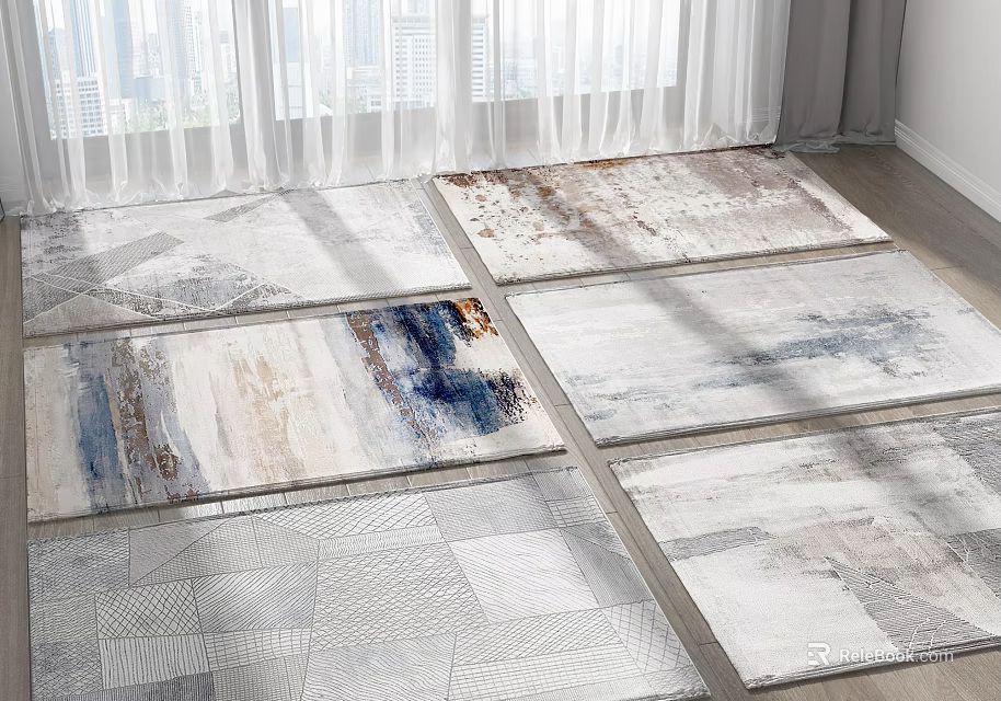 Various Modern Square Rugs with Gray White Blue Brown Abstract Patterns for Living Room 3d model 