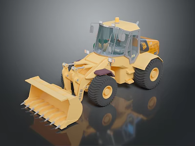 Yellow Utility Vehicle With Front Loader Large Bucket Heavy Duty Tires And Enclosed Cab 3d model