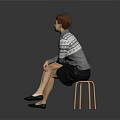Woman Sitting On Wooden Chair Wearing Gray Sweater And Black Skirt With Hat