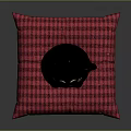 Adorable Blue Lucky Cat Decorative Figurine and Red Plaid Cushion Ornament Set