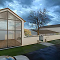 Boutique Homestay Building With Large Tree Stone Entrance And Purple Sunset Sky