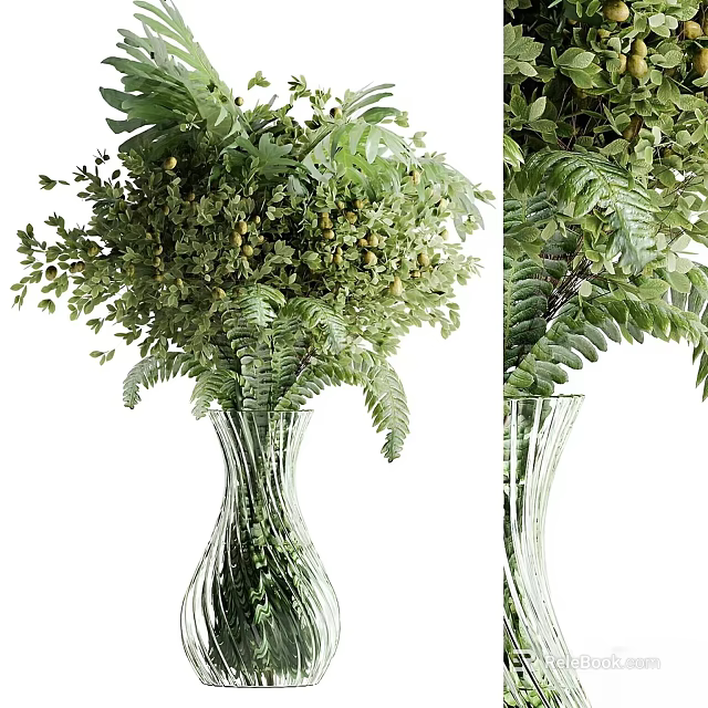 Potted Bonsai Plants With Lush Green Foliage In Glass Vase For Home Decor 3d model 