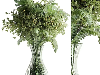 Potted Bonsai Plants With Lush Green Foliage In Glass Vase For Home Decor 3d model