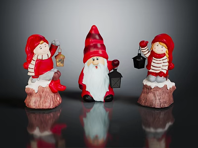 Christmas Decorative Gnome and Girl Figurines with Red Hats Lanterns on Tree Stumps 3d model