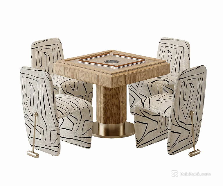 Light Luxury Solid Wood Dining Table Set With Four Abstract Line Pattern Fabric Upholstered Chairs 3d model 