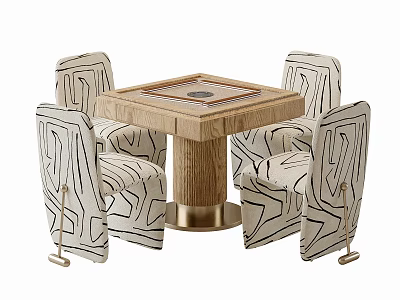 Light Luxury Solid Wood Dining Table Set With Four Abstract Line Pattern Fabric Upholstered Chairs 3d model