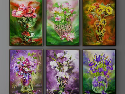 Colorful Botanical Paintings with Various Flowers in Decorative Vases Six Panel 3d model