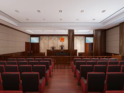 Courtroom Interior With Red Seats Wooden Flooring Judge's Bench Badge On Wall And Side Screens 3d model