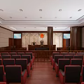 Courtroom Interior With Red Seats Wooden Flooring Judge's Bench Badge On Wall And Side Screens