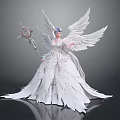 Fantasy Game Movie Character With Elegant White Gown White Feathered Wings Blue Hair And Ornate Staff