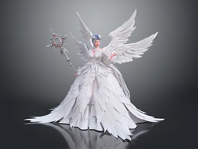 Fantasy Game Movie Character With Elegant White Gown White Feathered Wings Blue Hair And Ornate Staff 3d model