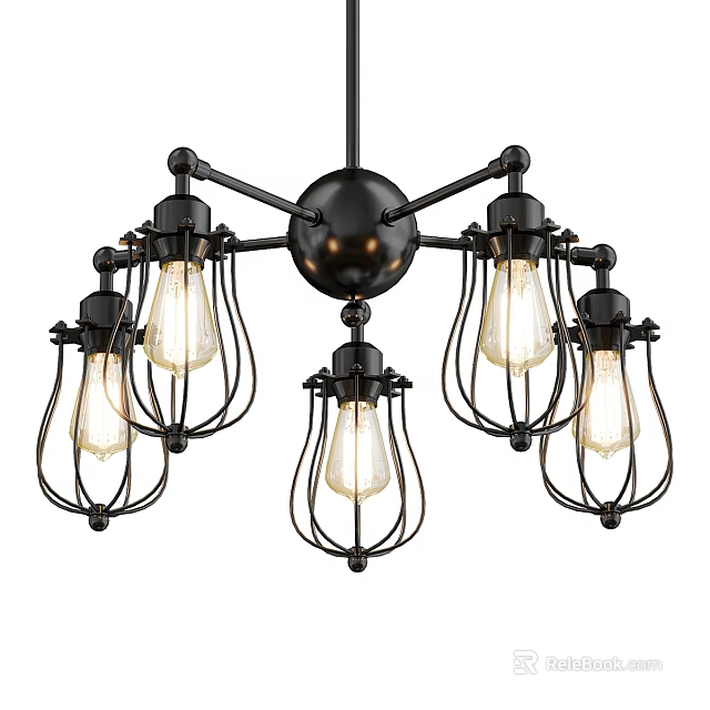 Industrial Style Black Metal Chandelier With Multiple Vintage Bulbs And Metal Frames Design 3d model 