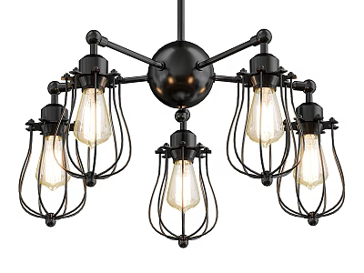 Industrial Style Black Metal Chandelier With Multiple Vintage Bulbs And Metal Frames Design 3d model