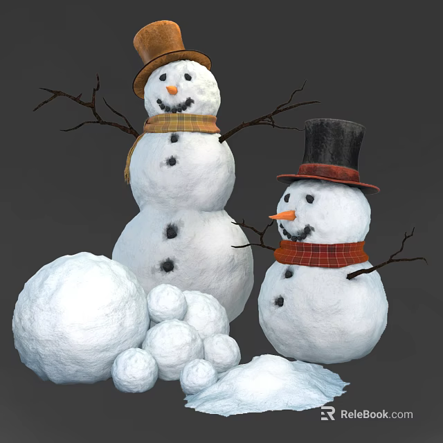 Cheerful Snowmen With Scarves Hats Snowballs And Small Snow Piles Nearby 3d model 