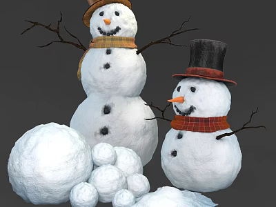 Cheerful Snowmen With Scarves Hats Snowballs And Small Snow Piles Nearby 3d model