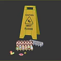 Chicken Eggs Spilled On Wet Floor With Caution Sign And Broken Shells 3d model