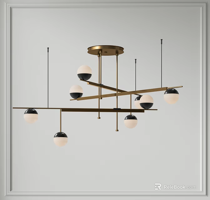 Modern Linear Chandelier With Brass Metal Structure And Spherical White Black Shades For Living Room 3d model 