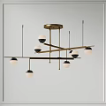 Modern Linear Chandelier With Brass Metal Structure And Spherical White Black Shades For Living Room