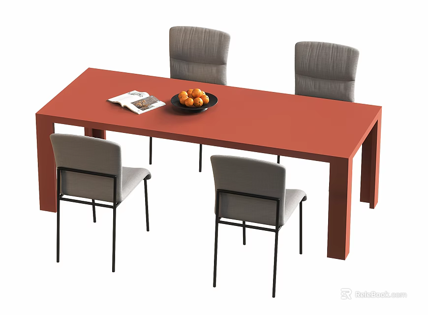 Red Rectangular Dining Table with Four Gray Chairs and Fruit Bowl Magazine on Top 3d model