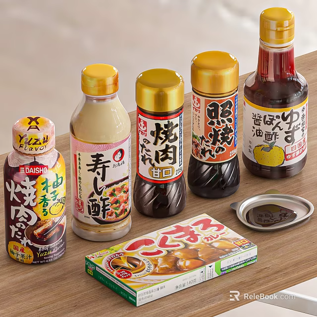 Different Types of Japanese Condiment Bottles with Labels on Wooden Table for Cooking 3d model 