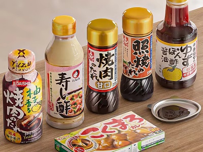 Different Types of Japanese Condiment Bottles with Labels on Wooden Table for Cooking 3d model