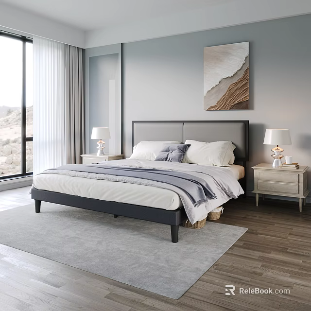 Modern Upholstered Double Bed With Cozy Bedding And Elegant Nightstands In Bright Comfortable Bedroom Interior 3d model 