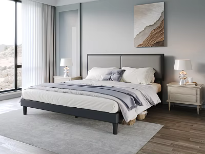 Modern Upholstered Double Bed With Cozy Bedding And Elegant Nightstands In Bright Comfortable Bedroom Interior 3d model