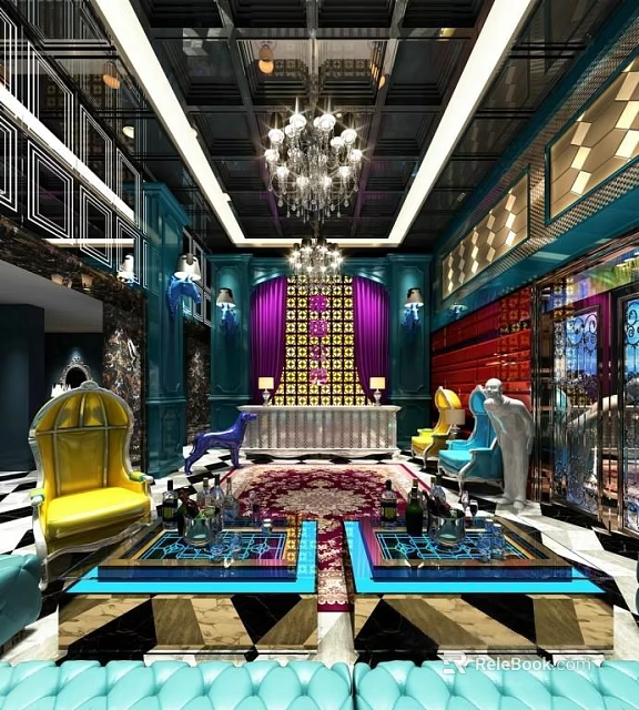 Luxurious KTV Interior Design With Crystal Chandeliers Colorful Decor And Comfortable Seats 3d model 