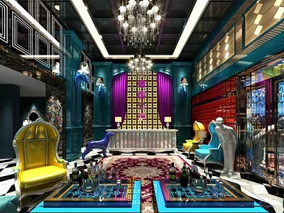 Luxurious KTV Interior Design With Crystal Chandeliers Colorful Decor And Comfortable Seats 3d model