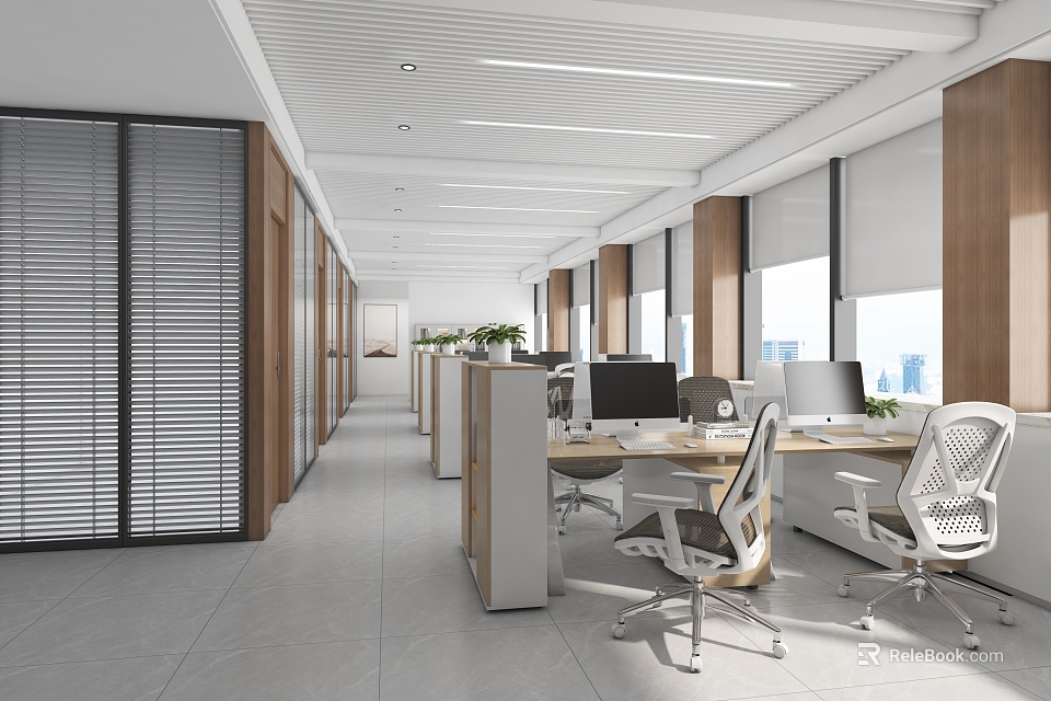 Modern Public Office Space With Workstations Computers Ergonomic Chairs Wooden Partitions Large Windows Green Plants 3d model 