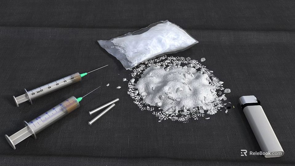 White Powder Scattered With Syringes And Metal Spoons On Dark Surface 3d model 