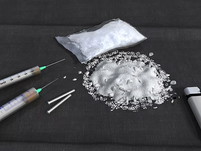 White Powder Scattered With Syringes And Metal Spoons On Dark Surface 3d model