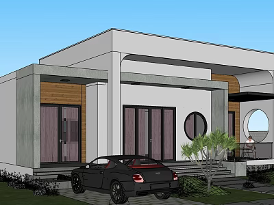 Modern Homestay Architecture with White Gray Exterior Large Windows Wooden Accents Circular Design 3d model