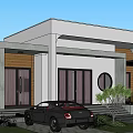 Modern Homestay Architecture with White Gray Exterior Large Windows Wooden Accents Circular Design