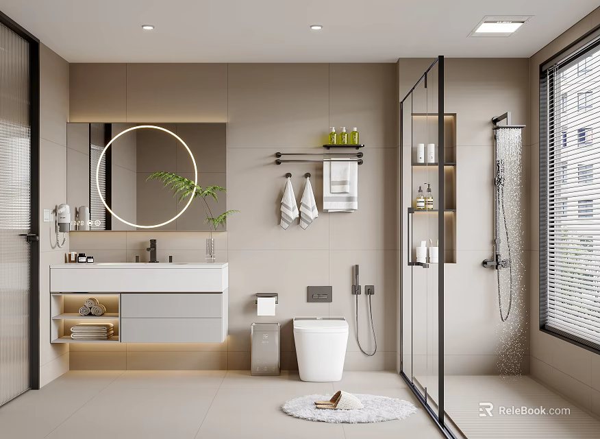Modern Bathroom Interior Design With Round Mirror White Toilet Glass Shower And Marble Countertop 3d model 