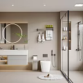 Modern Bathroom Interior Design With Round Mirror White Toilet Glass Shower And Marble Countertop