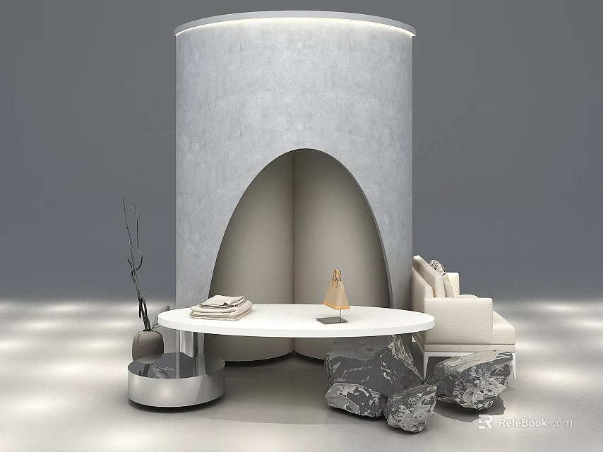 Modern Clothing Store Interior With Curved Structure White Sofa And Stone Decorations 3d model 