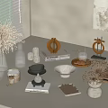Minimalist Ornamental Decor Collection With Dried Flowers Vases Golden Accents Tray And Books