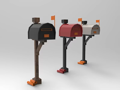 Black Red White Mailboxes With Orange Flags And Wooden Black Stands 3d model
