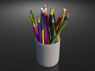 Colorful Pencils in White Cup with Various Colored Tips and Organized Stationery 3d model
