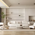 Modern Living Room With White Sofa Accent Chairs Round Coffee Table Fireplace And Wooden Floors