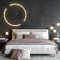 Double Bed With Soft Pillows And Modern Bedding In Sea View Bedroom With Circular Lights