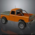 Orange Pickup Truck Model With Large Black Tires And Silver Roof Rails