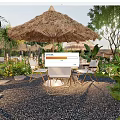 Tropical Garden Landscape With Thatched Roof Umbrella Outdoor Tables Chairs And Lush Greenery
