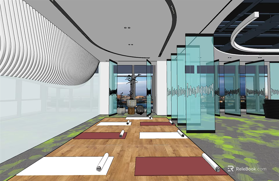 Modern Yoga Studio With Wooden Floor Glass Partitions And Exercise Mats For Fitness Workouts 3d model 